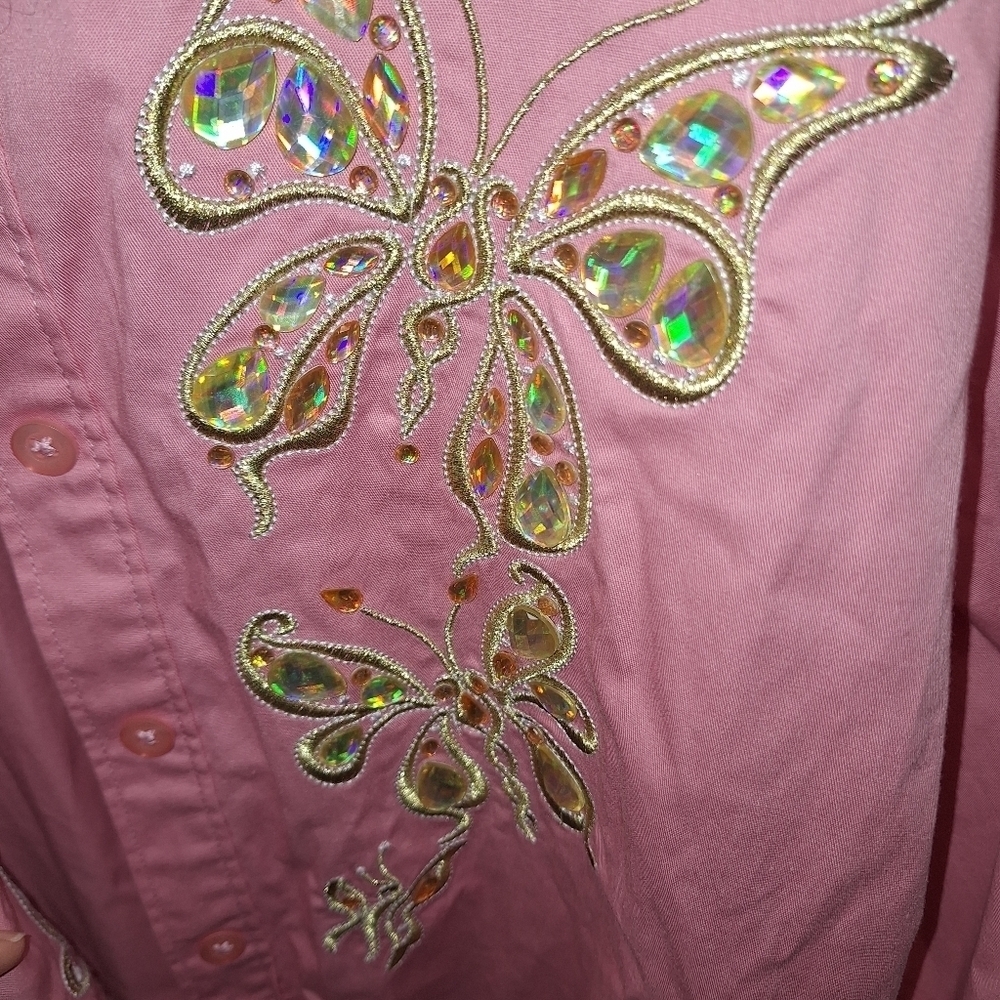 Bob Mackie Pink Butterfly Button Up Shirt 3X - Picture 4 of 8